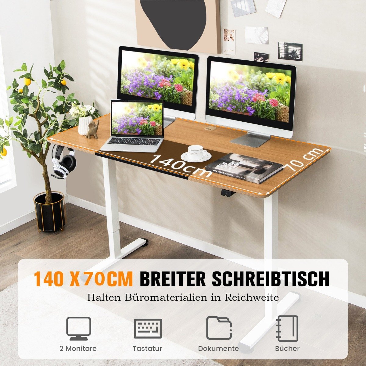 140 x 70 cm Electric Height Adjustable Desk Natural