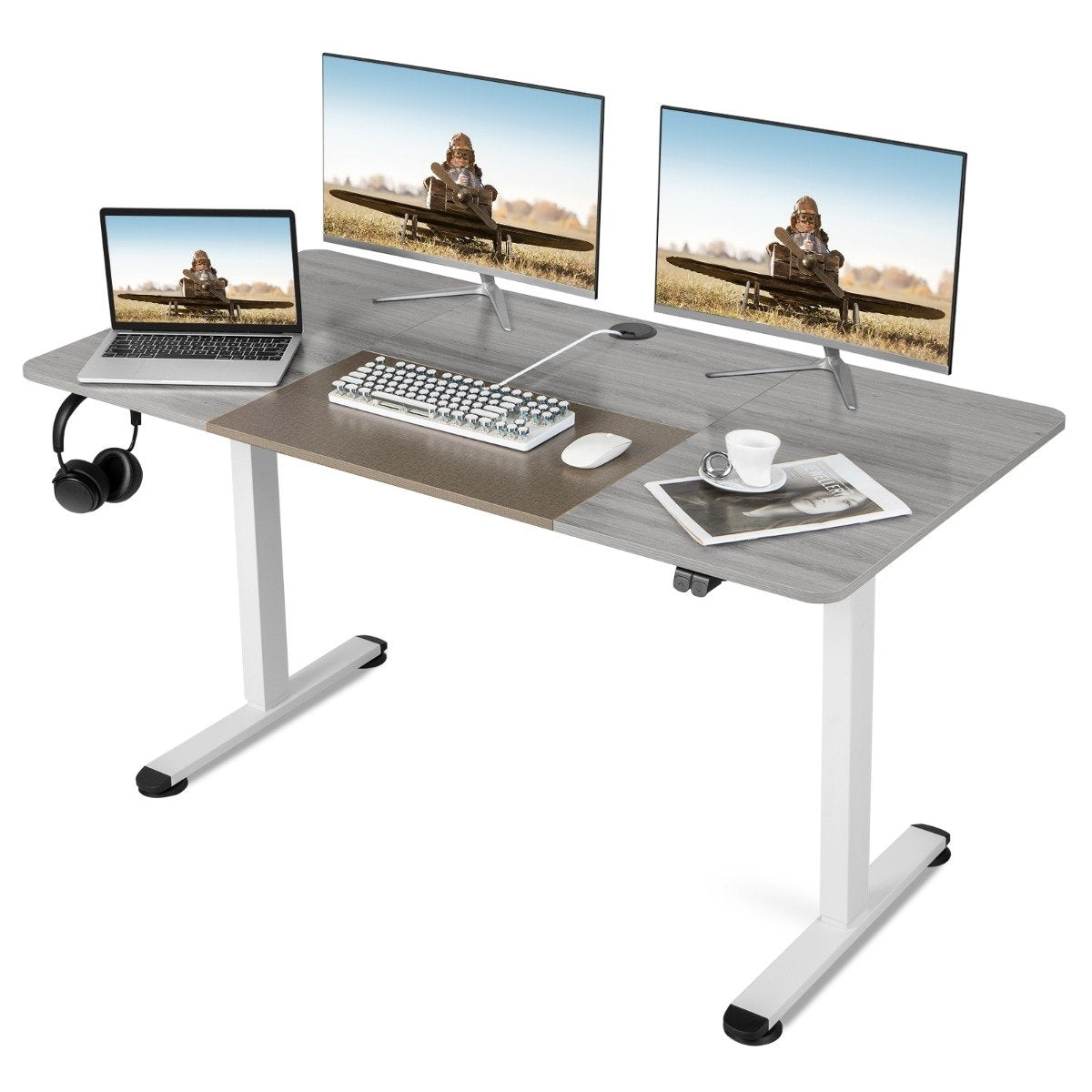 140 x 70 cm Electric Height Adjustable Desk with Stop Mechanism & Hook Gray