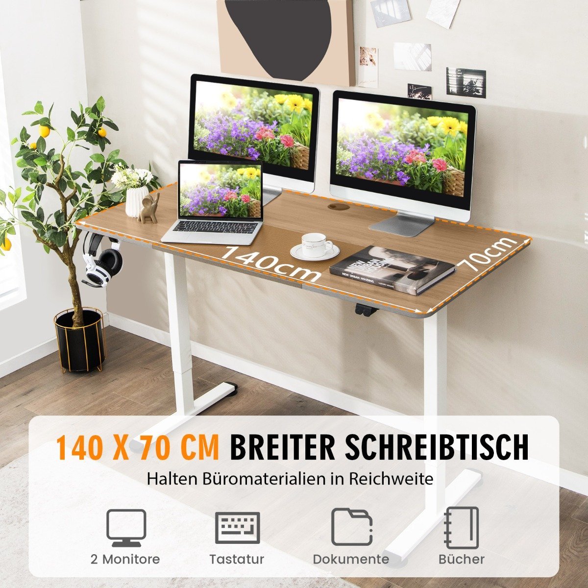 140 x 70 cm Electric Height Adjustable Desk with Stop Mechanism & Hook Gray