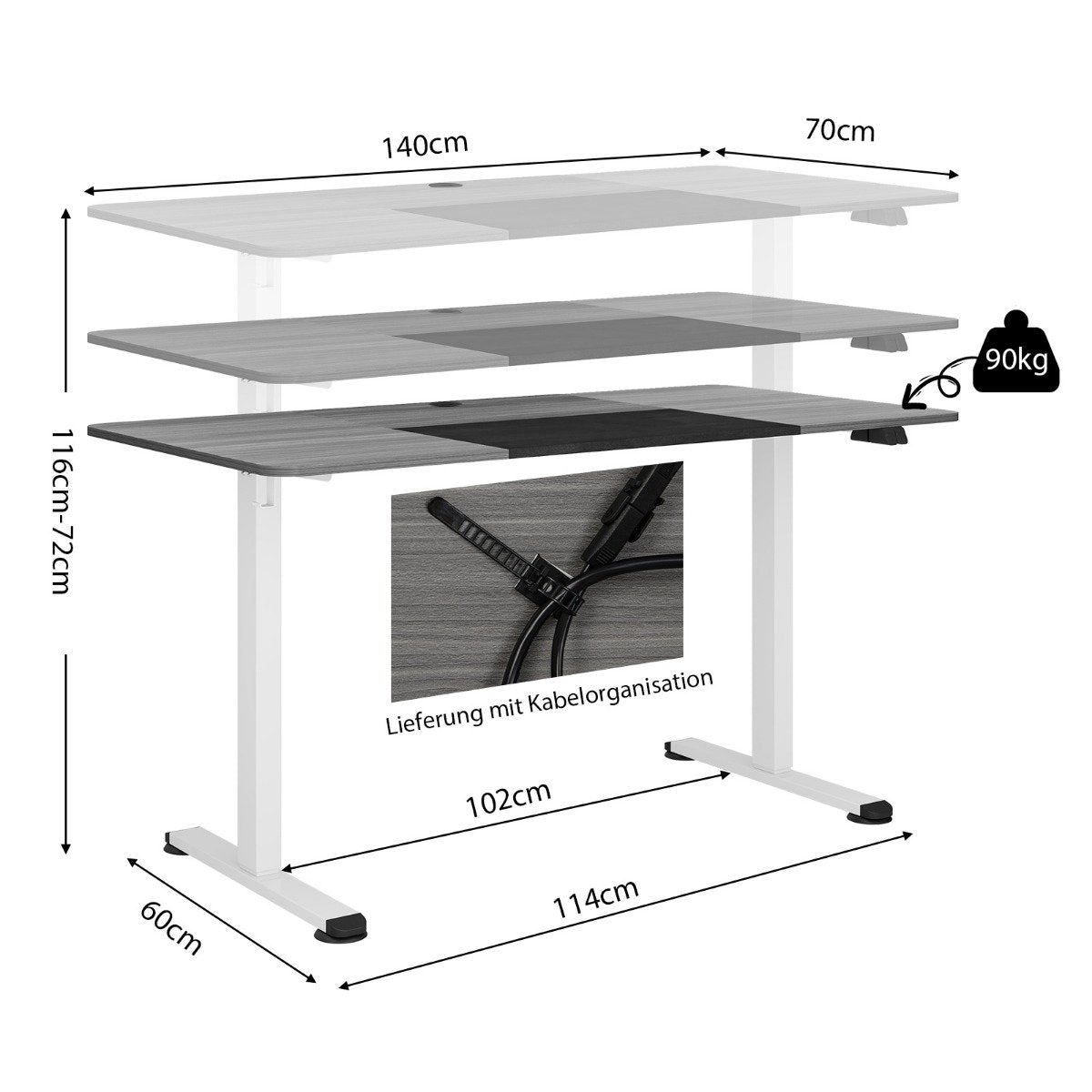 140 x 70 cm Electric Height Adjustable Desk with Stop Mechanism & Hooks Dark Gray