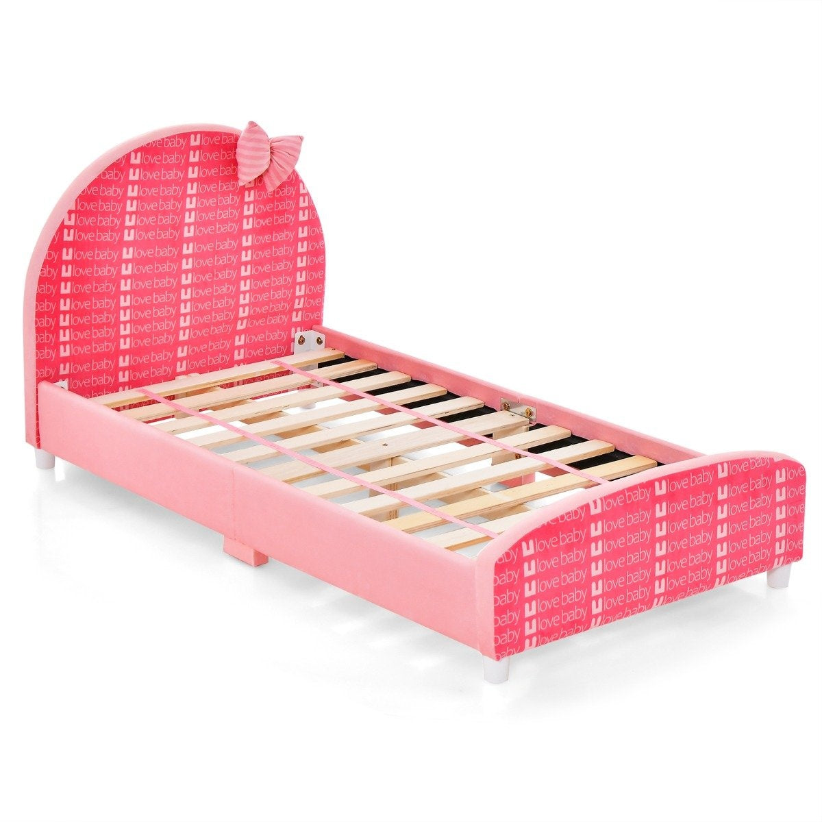 140 x 70 cm children's bed with soft headboard and footboard slatted frame baby bed pink bow
