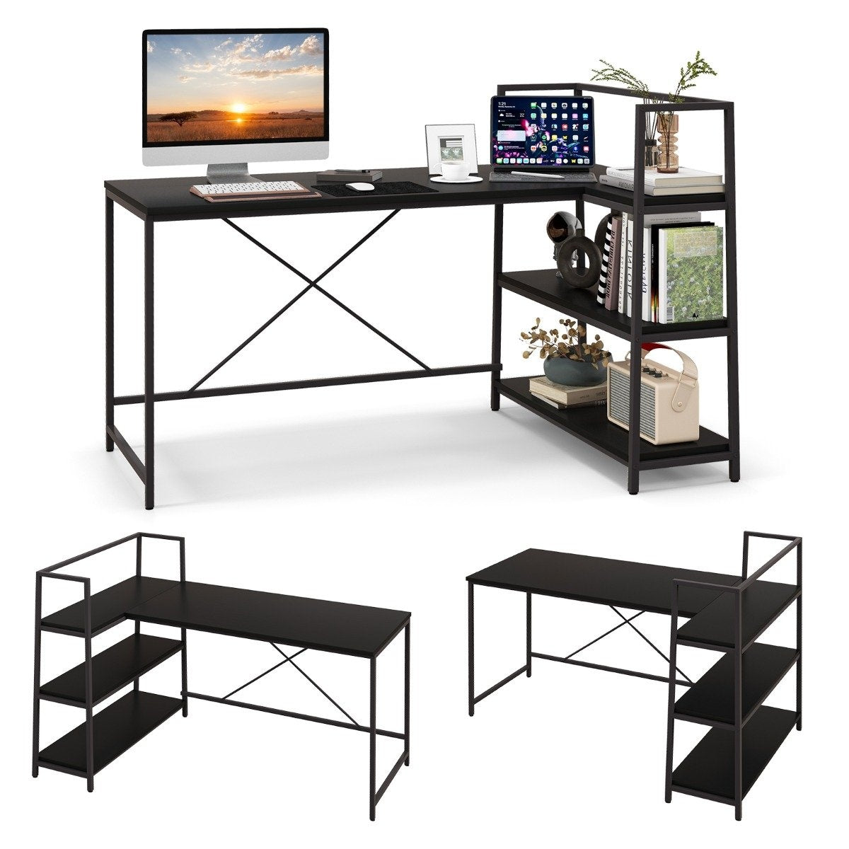148 cm long L-shaped computer desk with open shelves, space-saving desk for a modern workplace, black