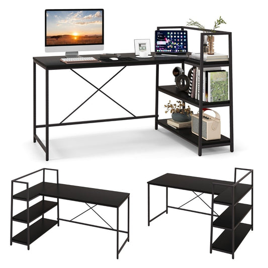 148 cm long L-shaped computer desk with open shelves, space-saving desk for a modern workplace, black