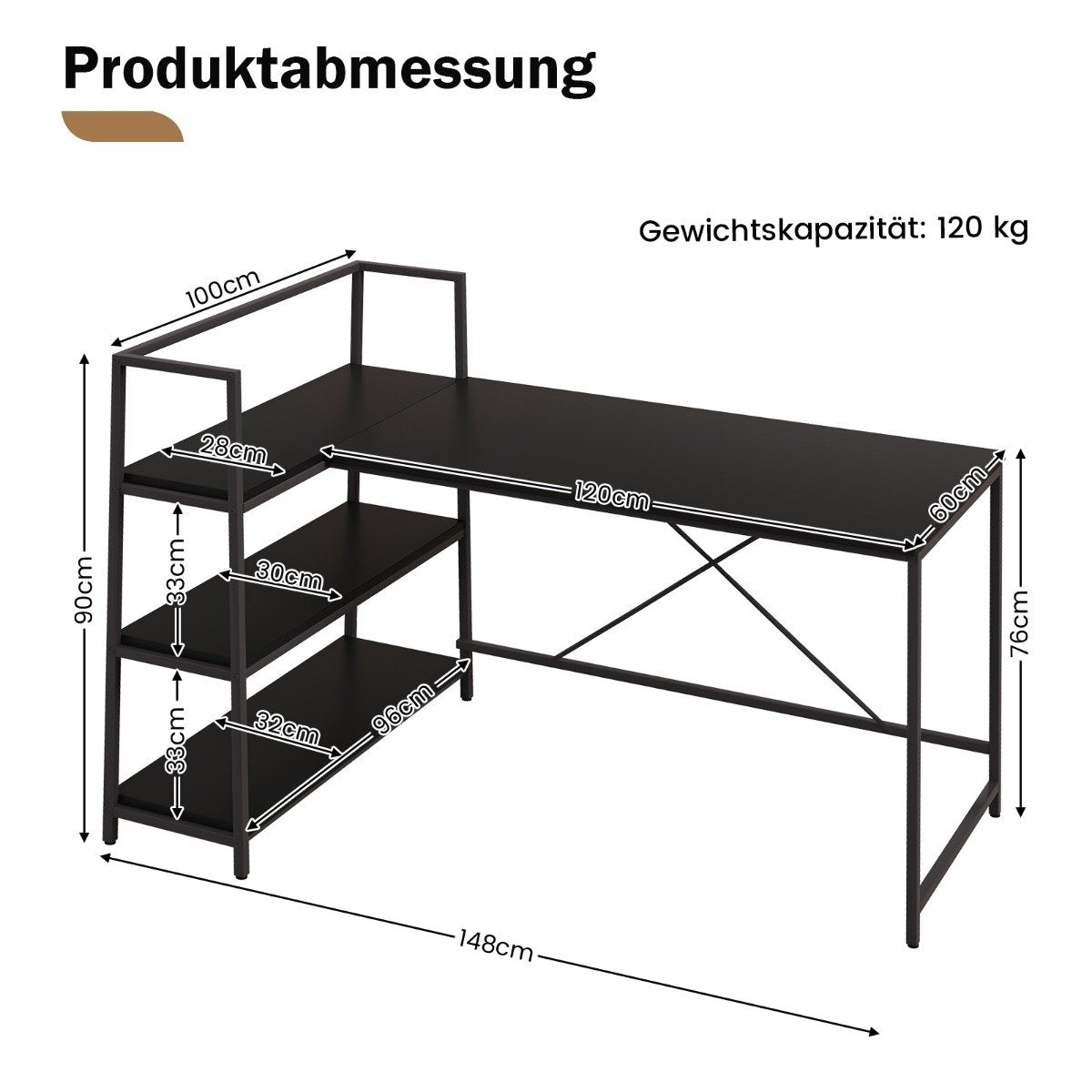 148 cm long L-shaped computer desk with open shelves, space-saving desk for a modern workplace, black