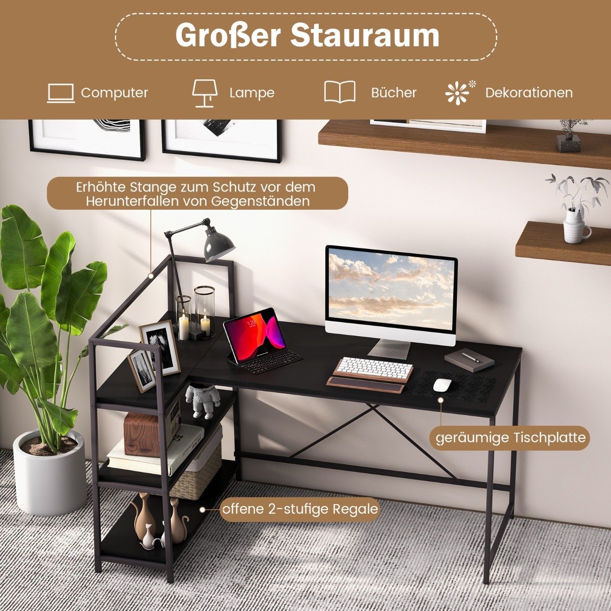148 cm long L-shaped computer desk with open shelves, space-saving desk for a modern workplace, black