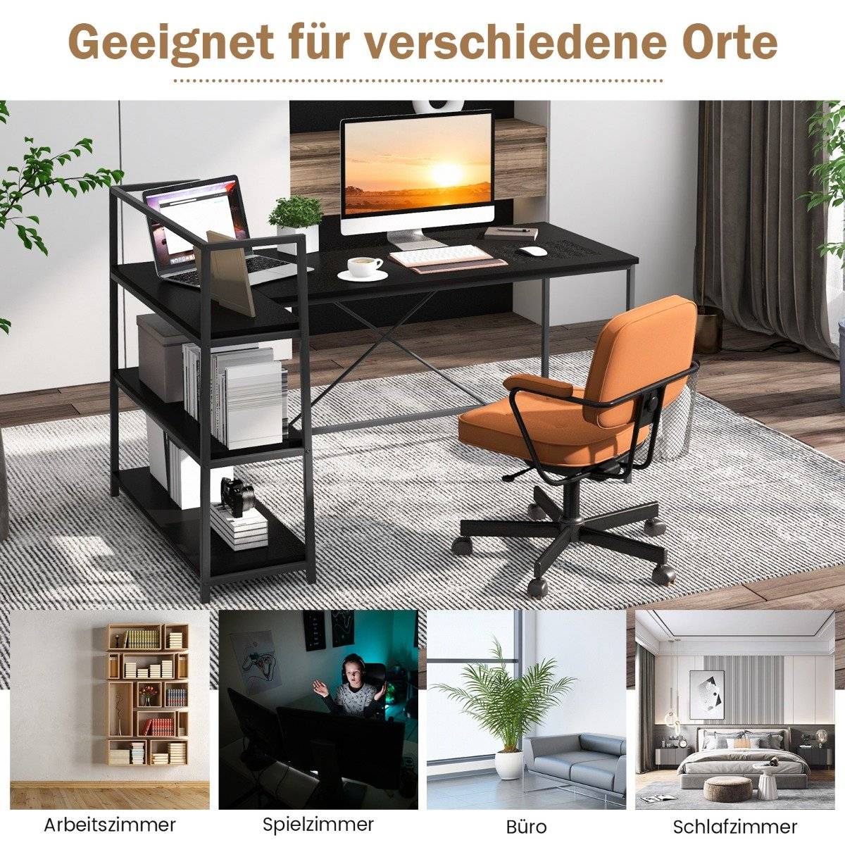 148 cm long L-shaped computer desk with open shelves, space-saving desk for a modern workplace, black