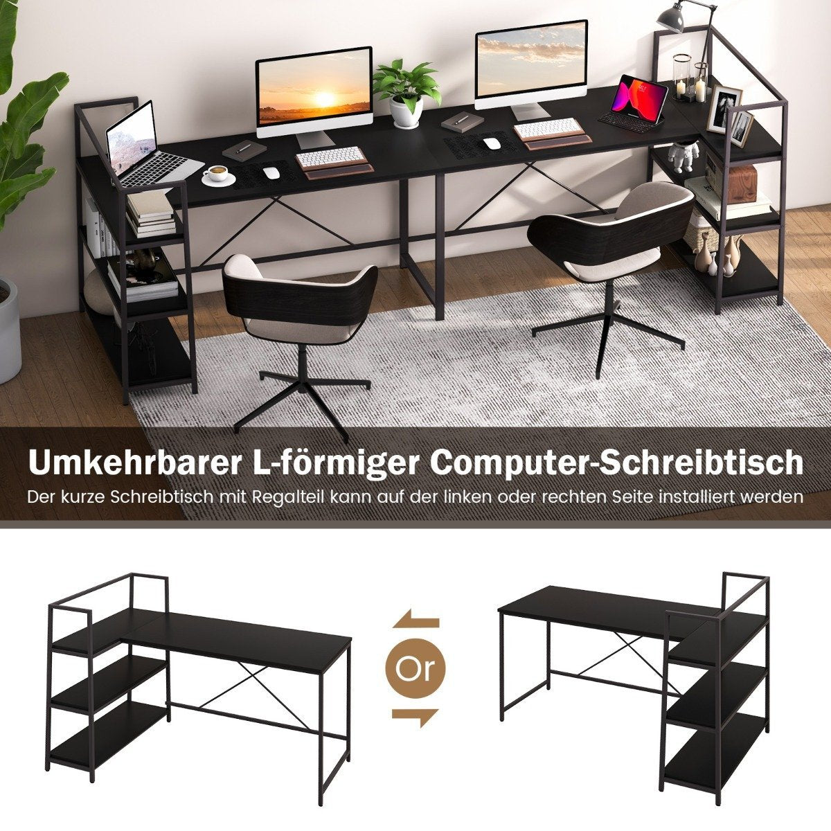 148 cm long L-shaped computer desk with open shelves, space-saving desk for a modern workplace, black