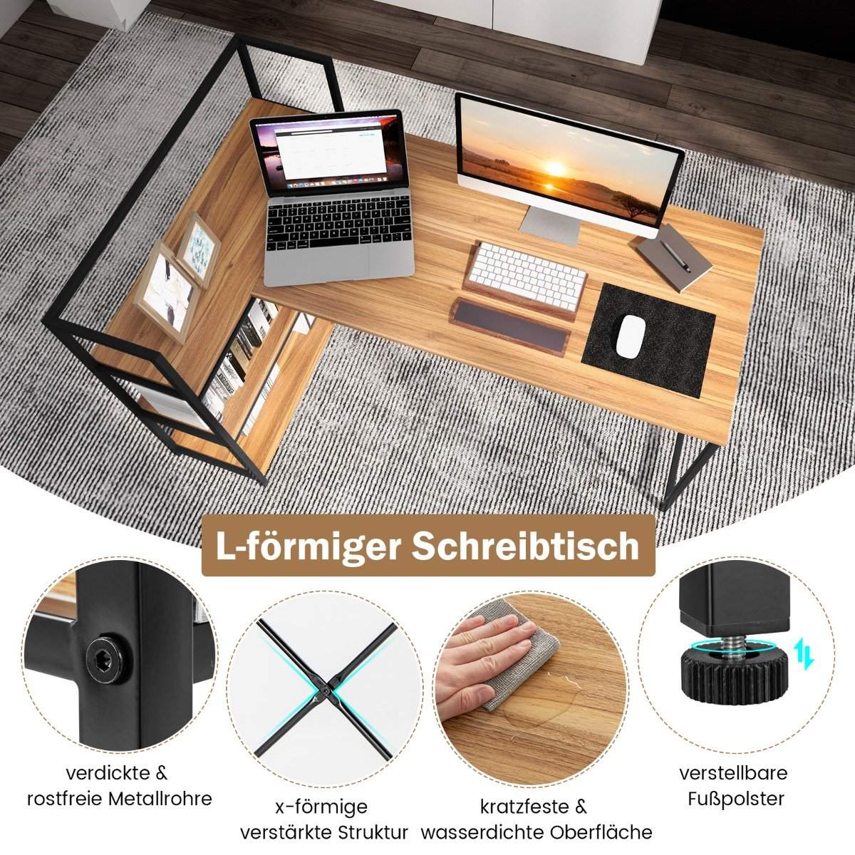 148 cm long L-shaped computer desk with open shelves, space-saving desk for a modern workstation, walnut