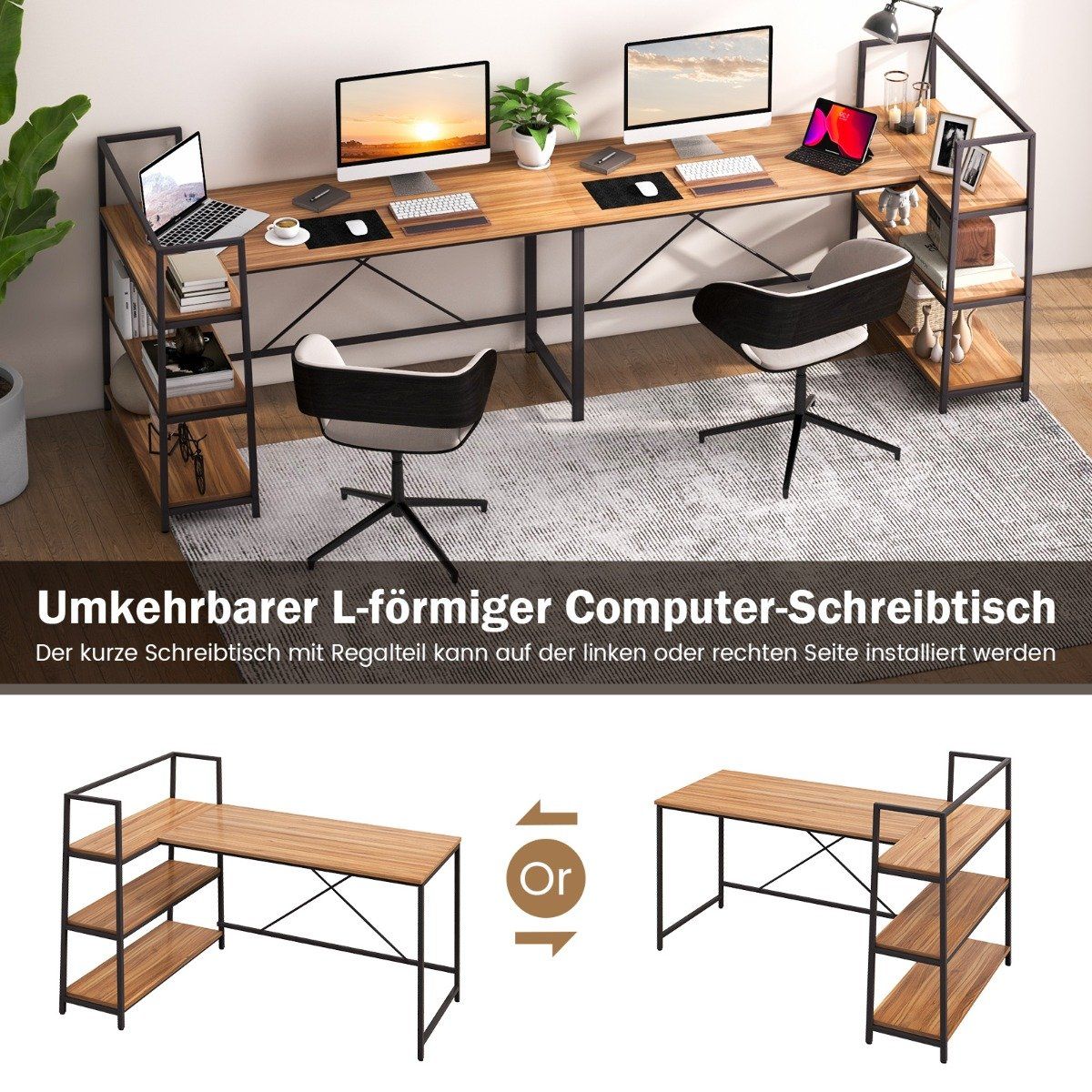 148 cm long L-shaped computer desk with open shelves, space-saving desk for a modern workstation, walnut