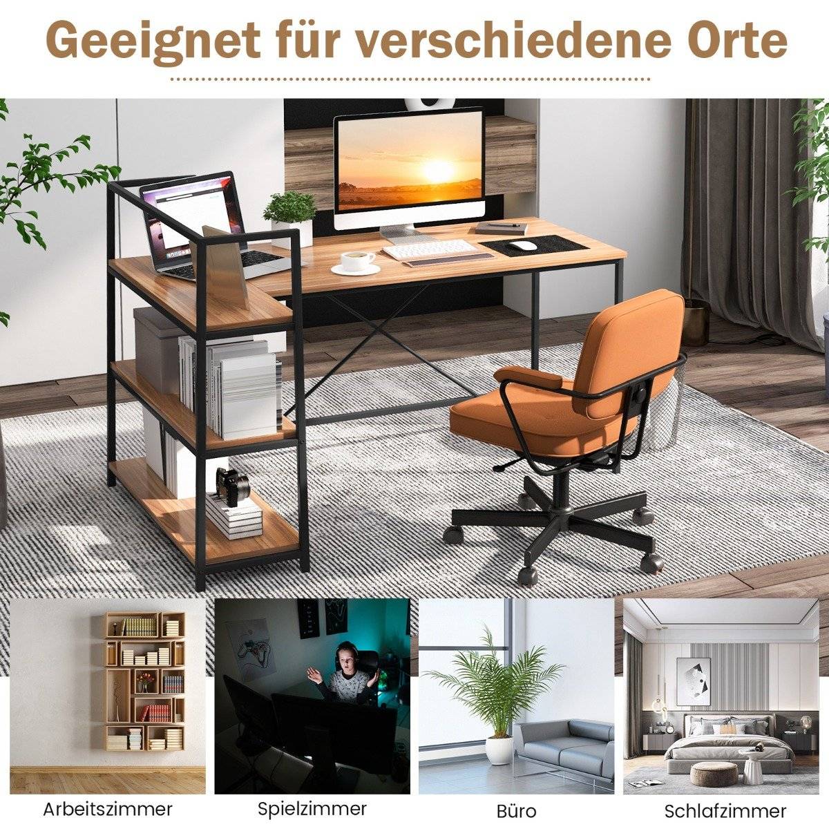 148 cm long L-shaped computer desk with open shelves, space-saving desk for a modern workstation, walnut