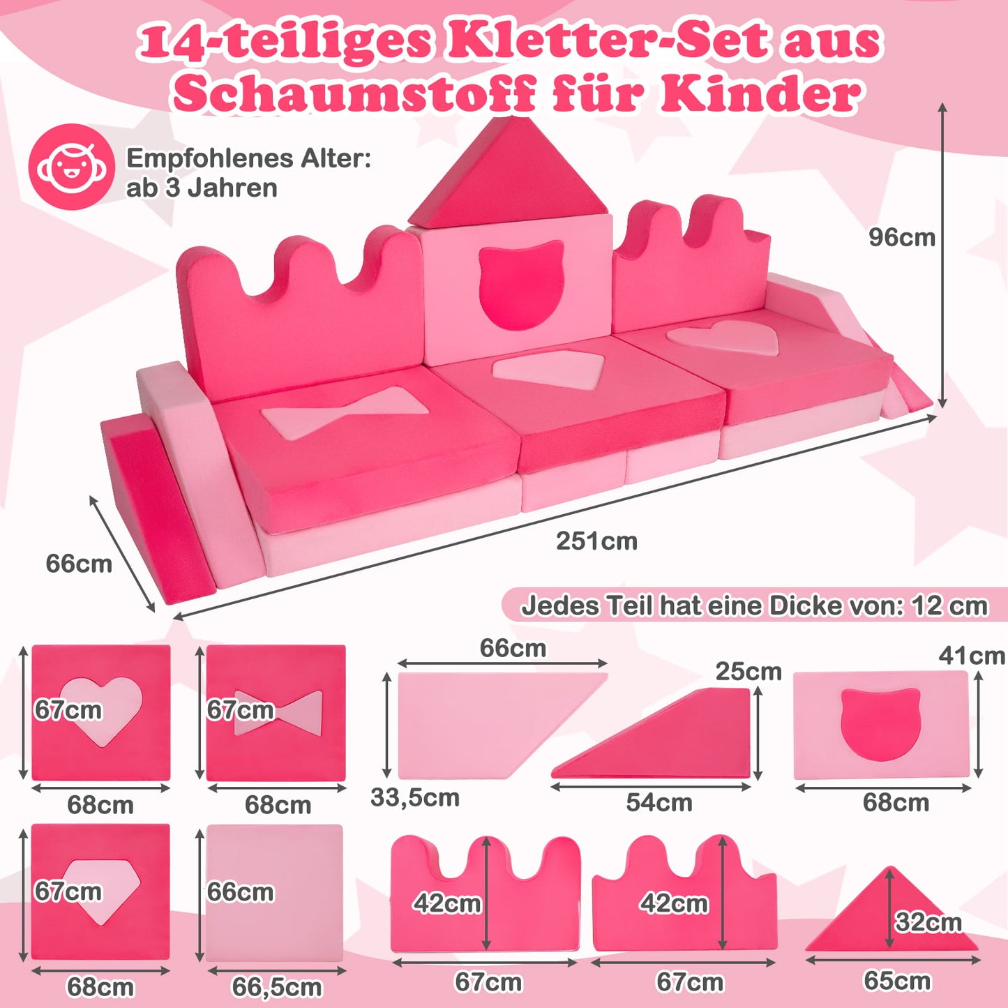 14-Piece Modular Kids Play Sofa, Soft Foam Set, Pink