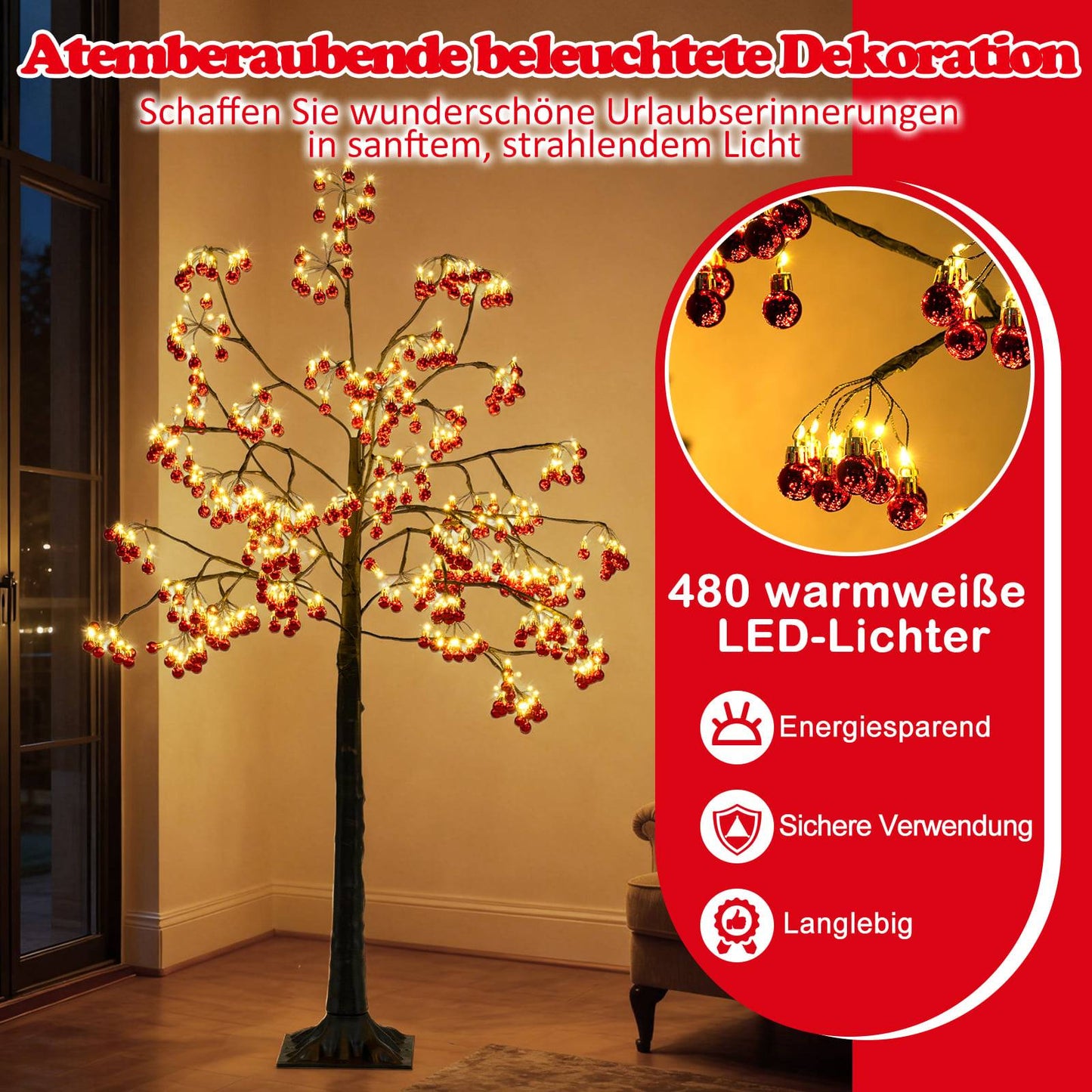 150 cm Artificial Christmas Tree with LED Lights & Red Ornaments