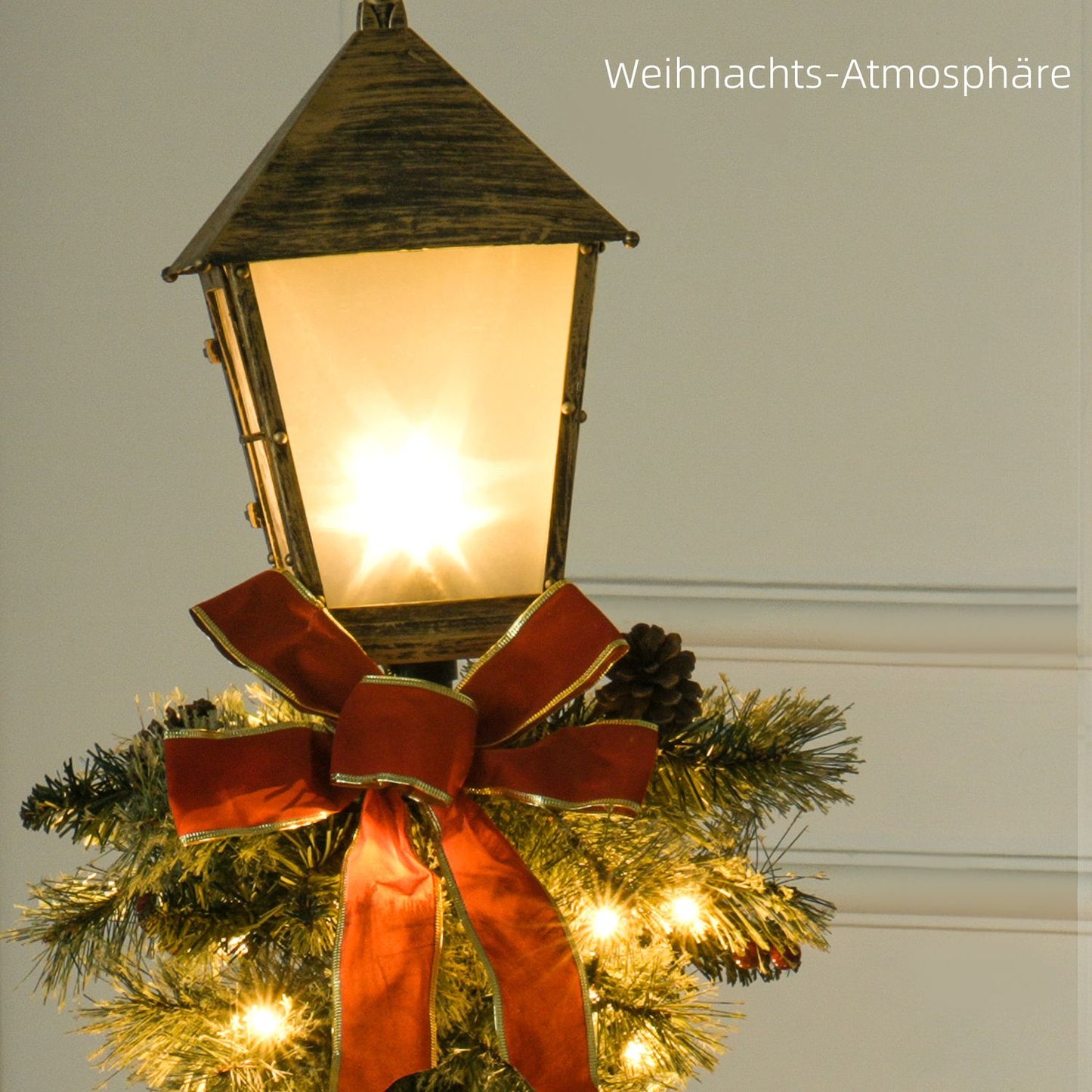 Metal Christmas lantern with LED Fairy Lights, cones and bow