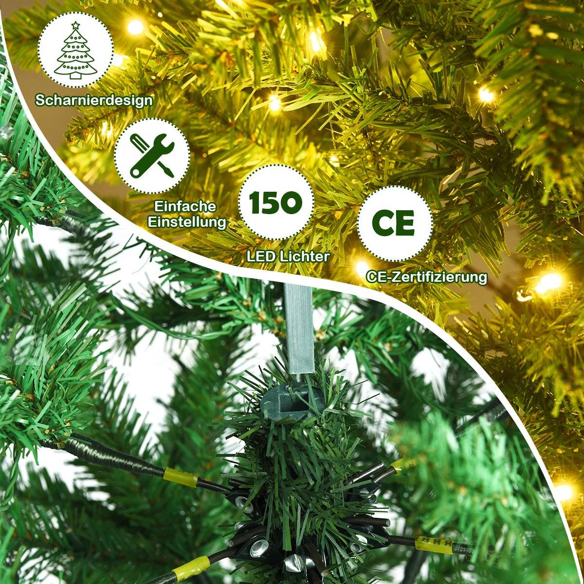 150 cm high illuminated artificial pencil Christmas tree with warm white green lights