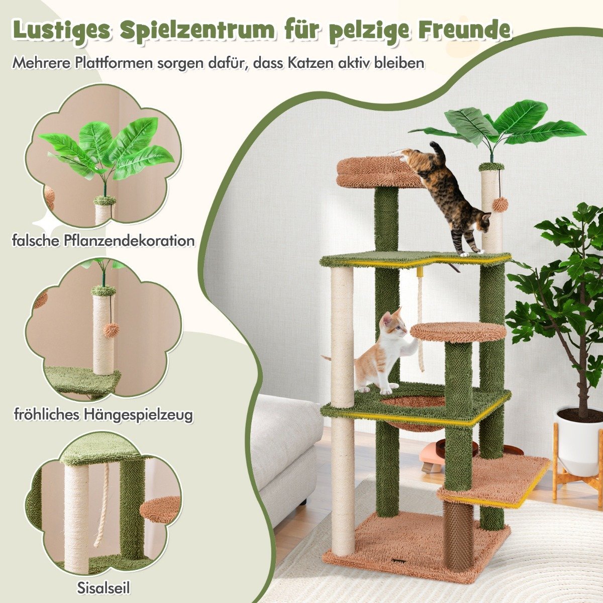 152 cm high scratching post for domestic cats, multi-story cat tower with sisal posts