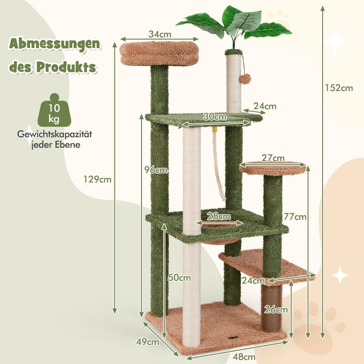 152 cm high scratching post for domestic cats, multi-story cat tower with sisal posts