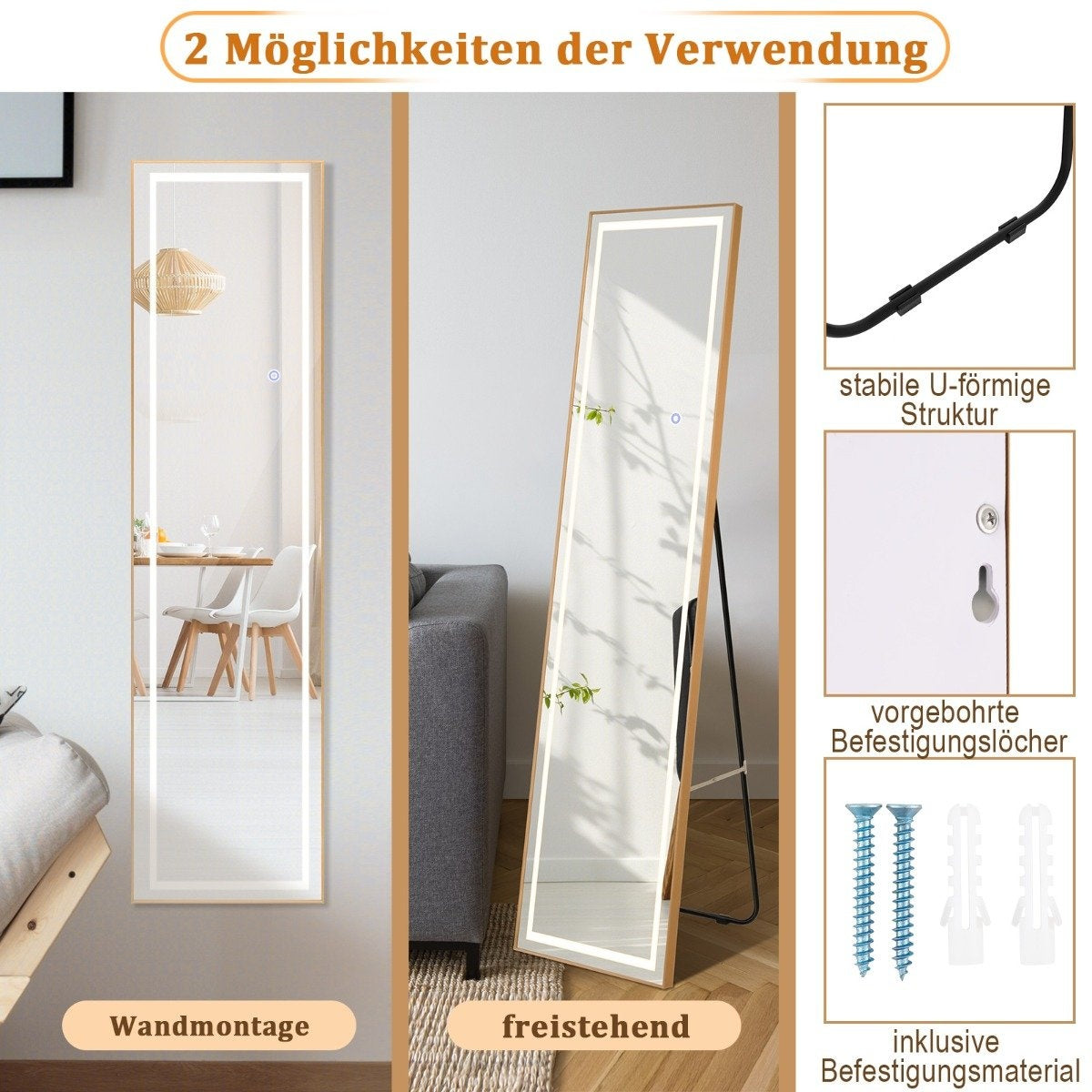 155cm full length mirror with golden aluminum frame & explosion-proof film rectangular standing mirror
