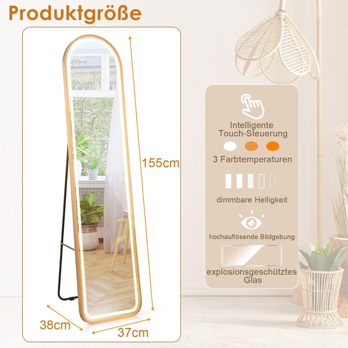 155 cm full-length mirror with golden aluminum frame & explosion-proof film standing mirror