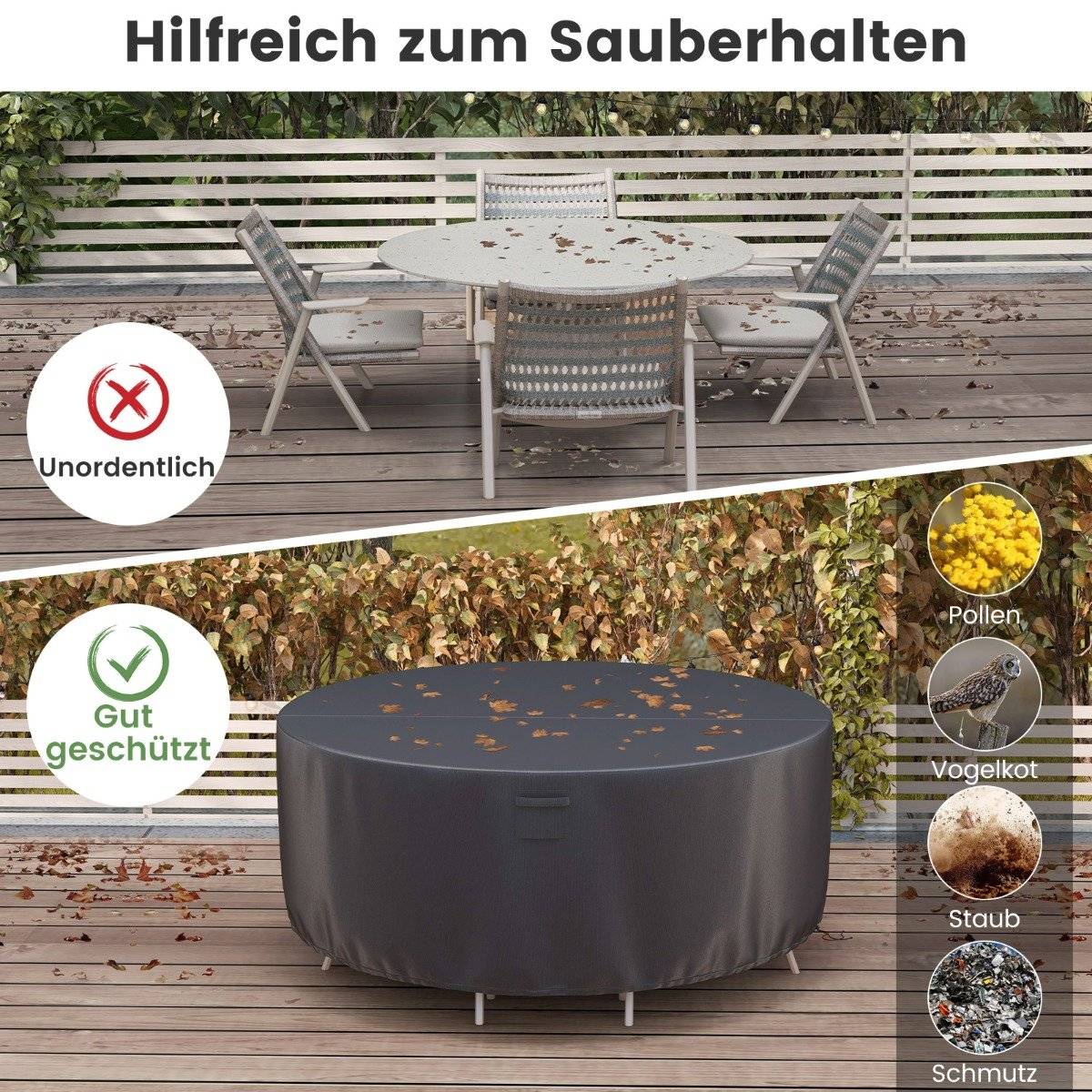 Ø 158 cm Round patio furniture cover with ventilation slots & buckles & cords black