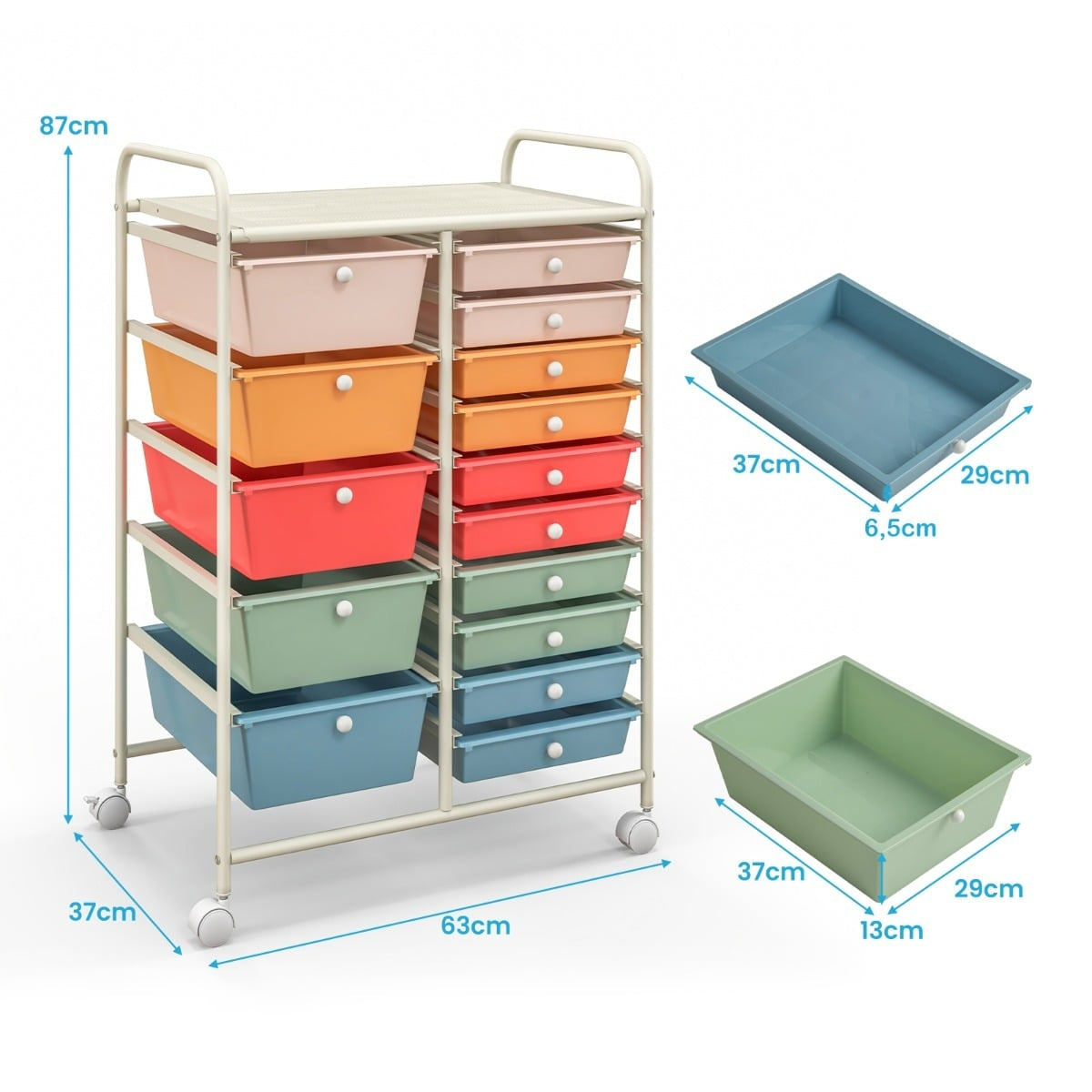 15-Drawer Rolling Cart with Metal Frame, Multicolor, 63x37x87 cm