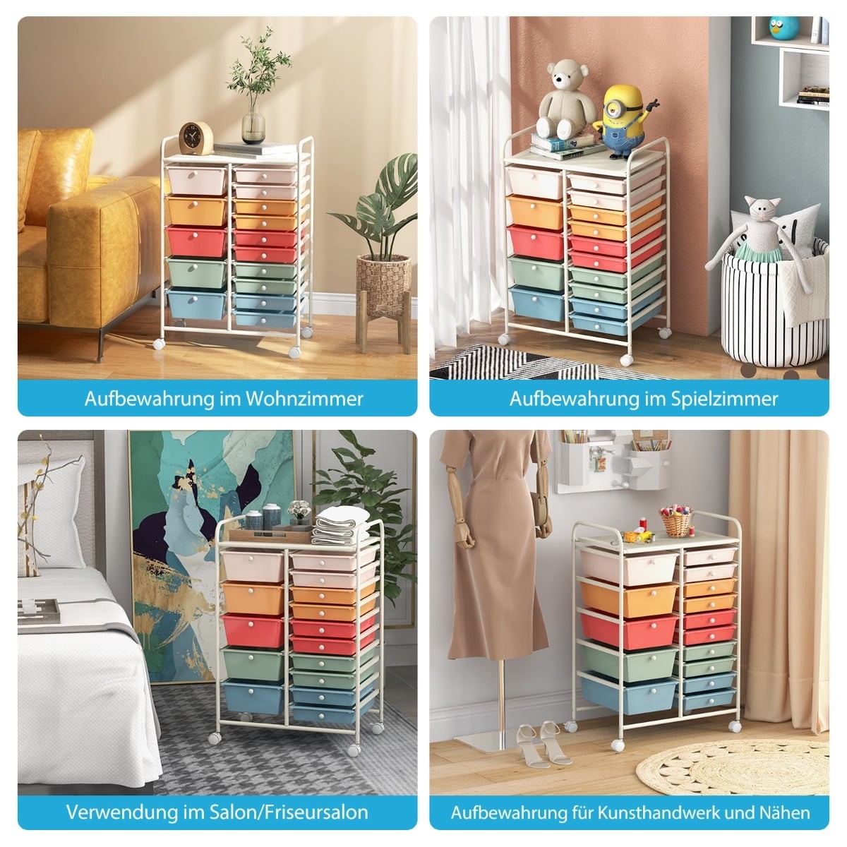 15-Drawer Rolling Cart with Metal Frame, Multicolor, 63x37x87 cm