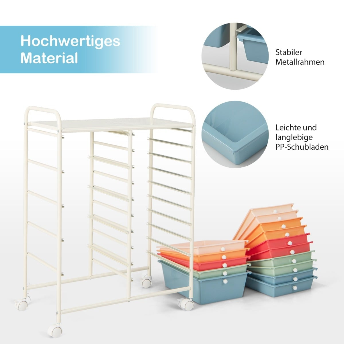 15-Drawer Rolling Cart with Metal Frame, Multicolor, 63x37x87 cm