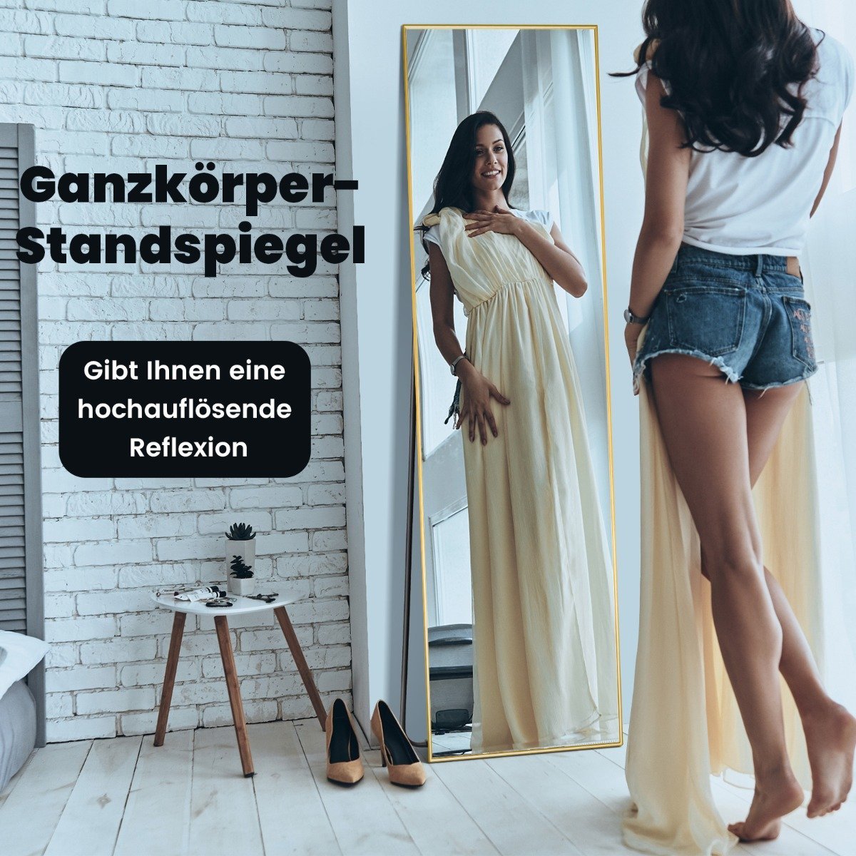 160 x 40 cm full-length mirror 2 in 1 standing mirror & wall mirror made of shatterproof glass gold