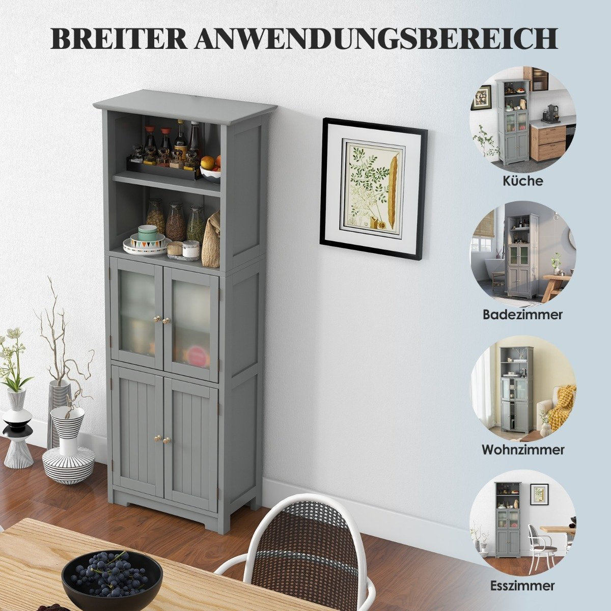 163cm High Bathroom Cabinet Freestanding Storage Cabinet with Glass Doors & Adjustable Shelves Gray