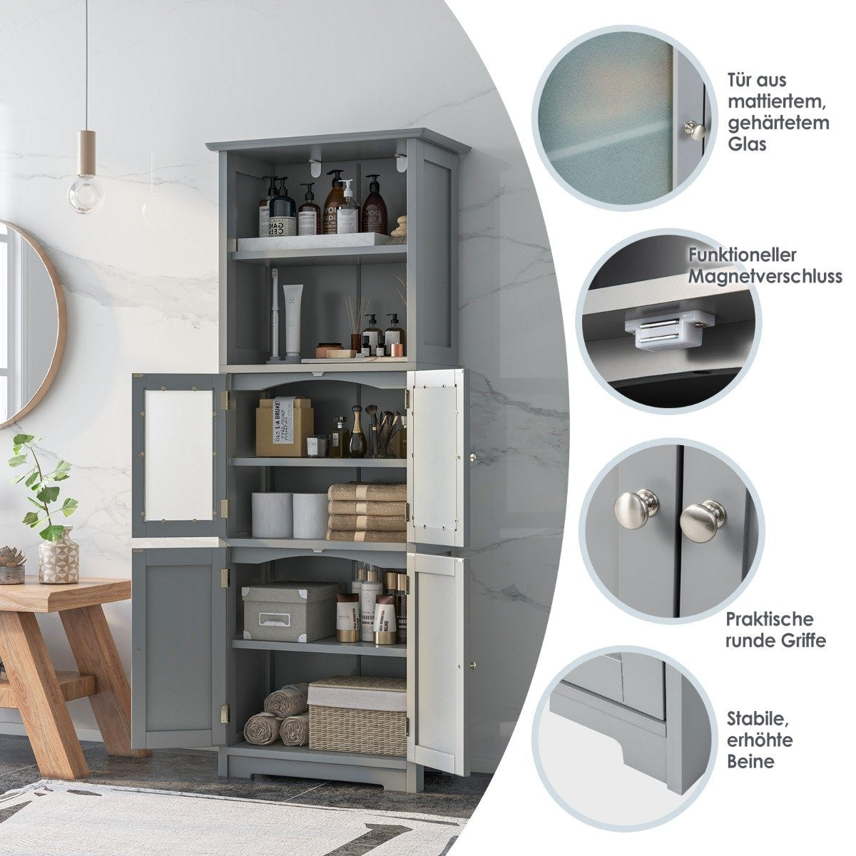 163cm High Bathroom Cabinet Freestanding Storage Cabinet with Glass Doors & Adjustable Shelves Gray