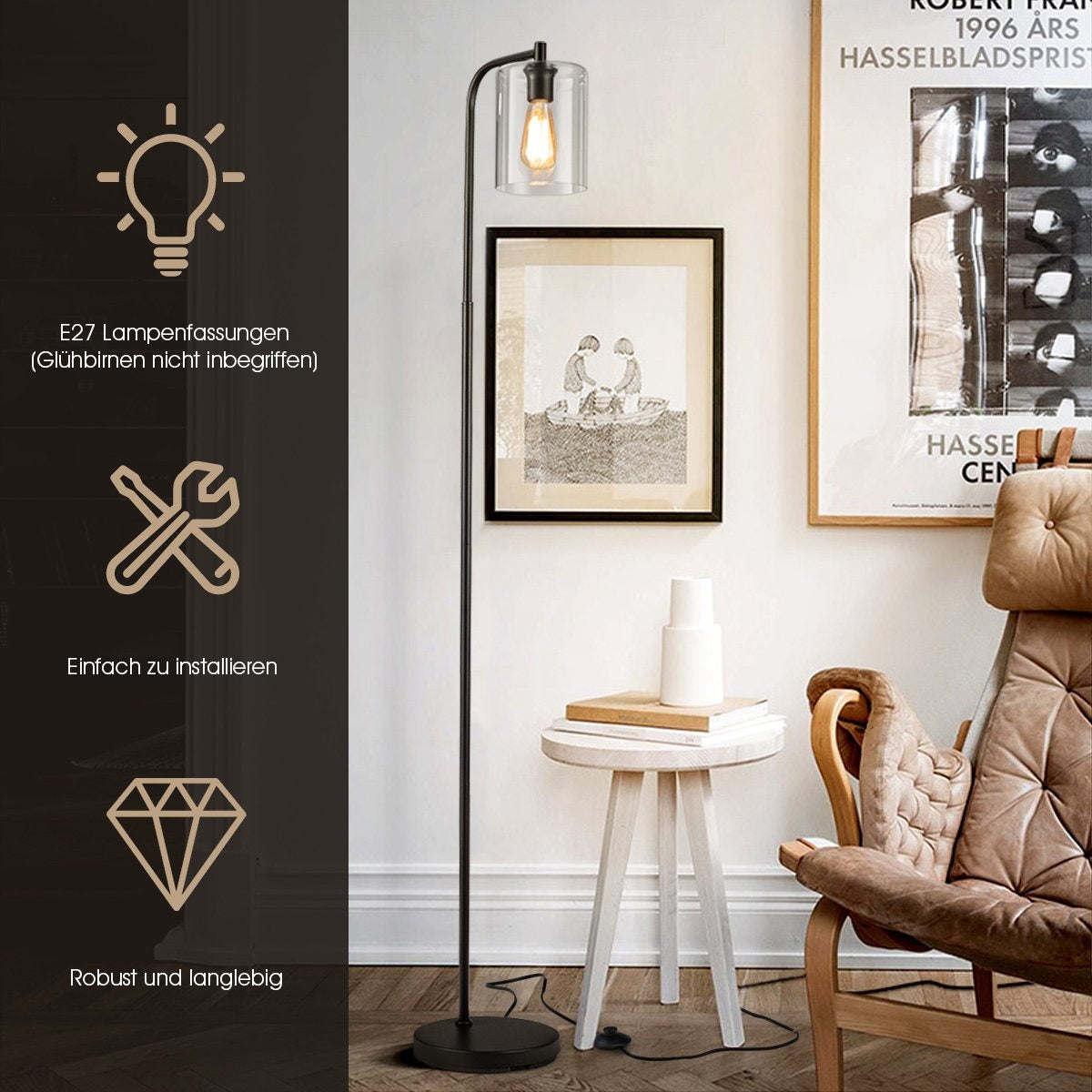 168cm Modern Floor Lamp with Foot Switch & E27 Bulb Base & Black Glass Lampshade