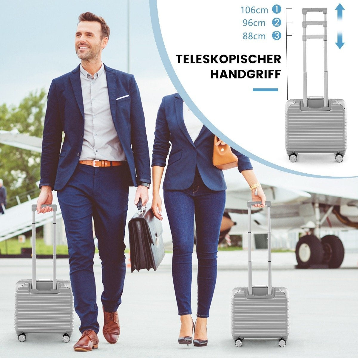 16” hand luggage 34L rolling suitcase with laptop compartment & spinner wheels 43 x 24 x 44 cm silver