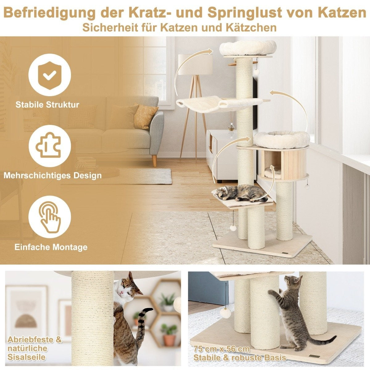 174 cm cat tree made of solid wood 4-tier cat tower natural