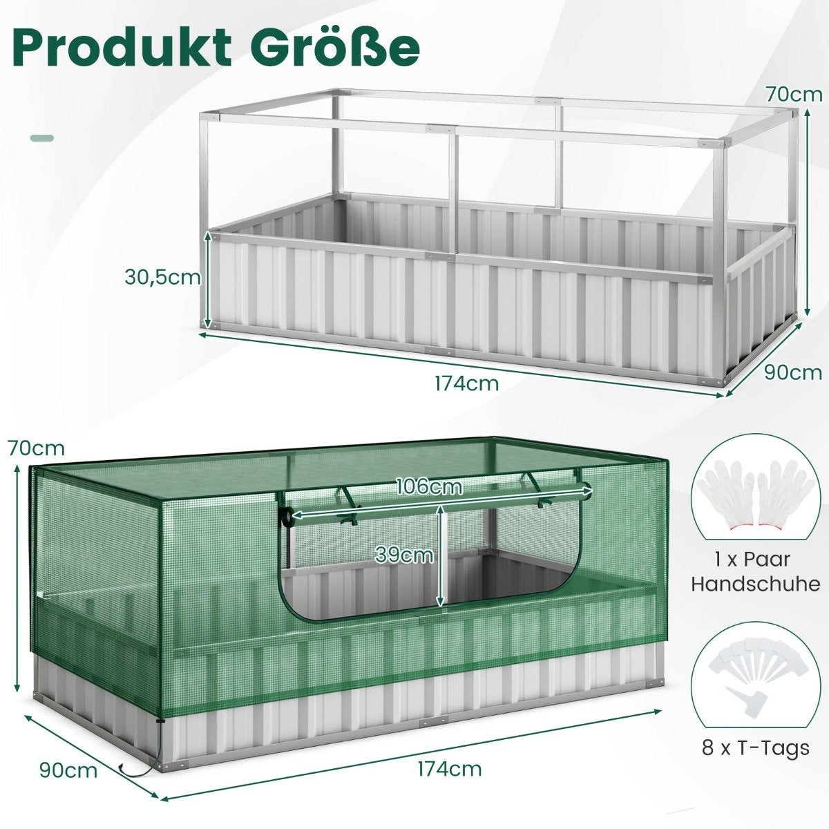 174 x 90 x 70 cm galvanized raised bed with greenhouse cover green and silver