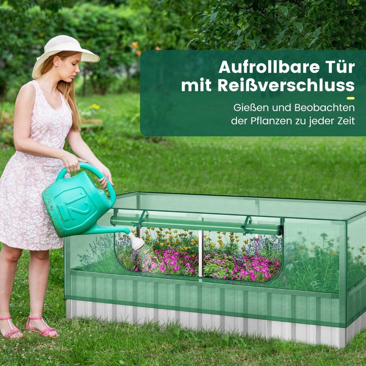 174 x 90 x 70 cm galvanized raised bed with greenhouse cover green and silver