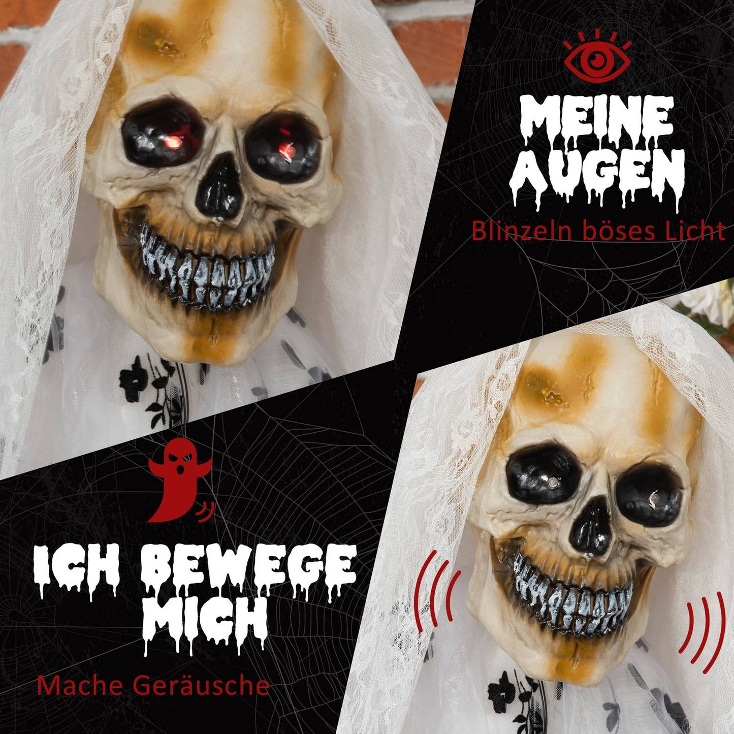 Halloween hanging ghost bride skeleton, 175 cm, glowing eyes