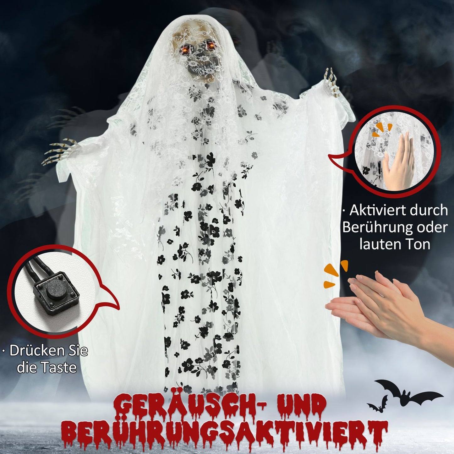 Halloween hanging ghost bride skeleton, 175 cm, glowing eyes