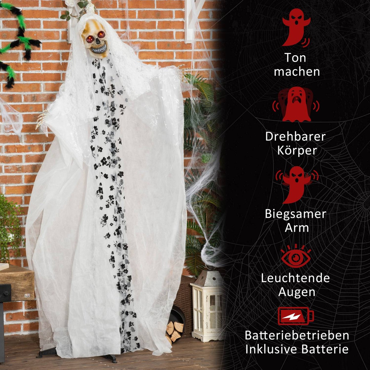 Halloween hanging ghost bride skeleton, 175 cm, glowing eyes