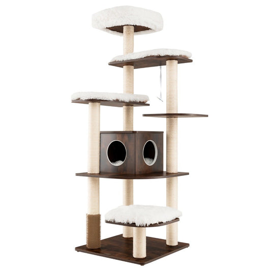 175cm cat tree 6-tier cat scratching post wooden cat scratching post playhouse with cave and 5 mats activity tree climbing tree cat house