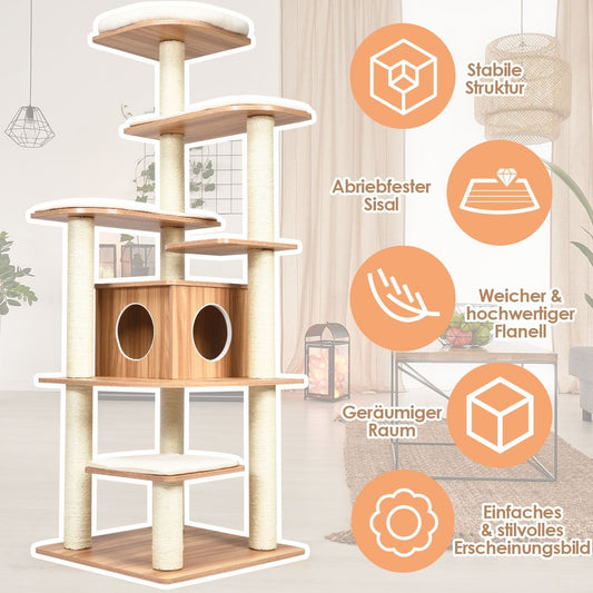 175cm cat tree 6-tier cat scratching post wooden scratching post playhouse with cave and 5 mats