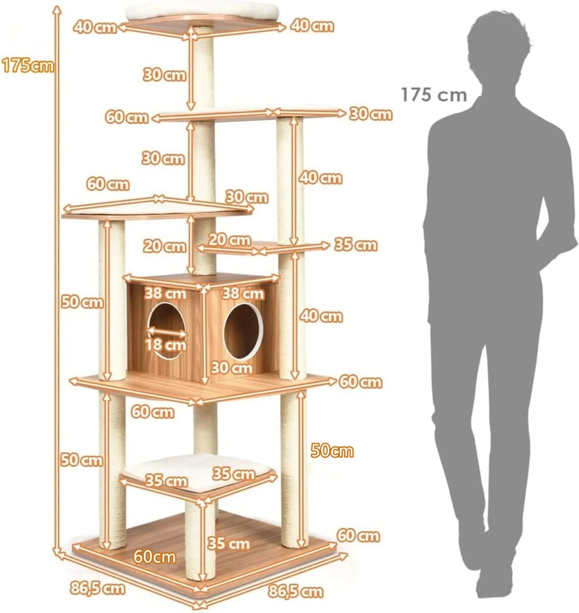 175cm cat tree 6-tier cat scratching post wooden scratching post playhouse with cave and 5 mats