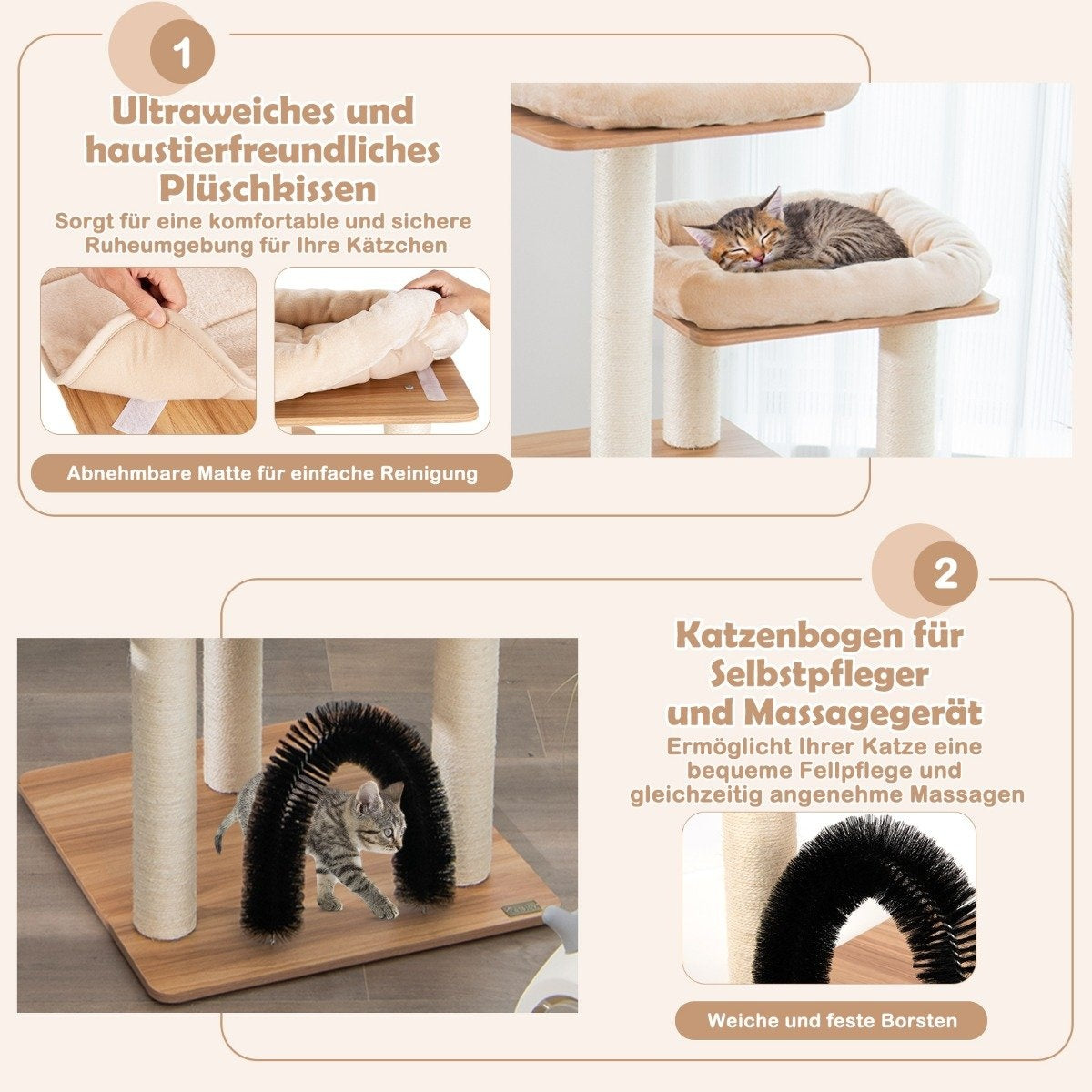 176 cm 6-Tier Scratching Post with Cozy Mats & Cave & Cat Arch Beige