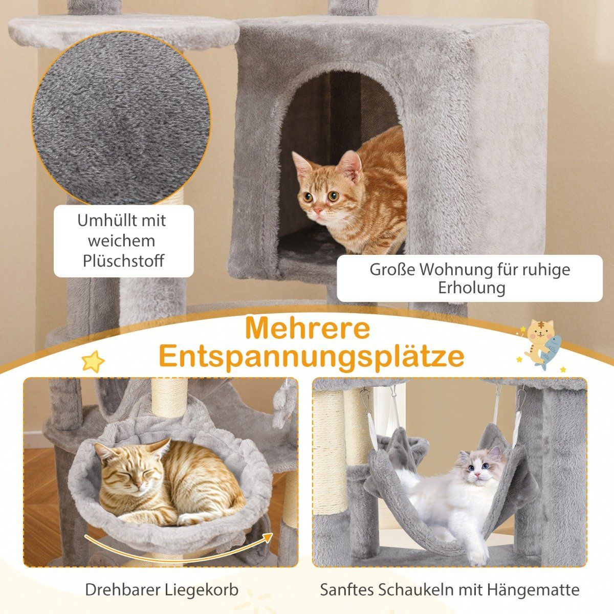 176 cm wooden scratching post with cave & basket bed & hammock & sisal post cat tree