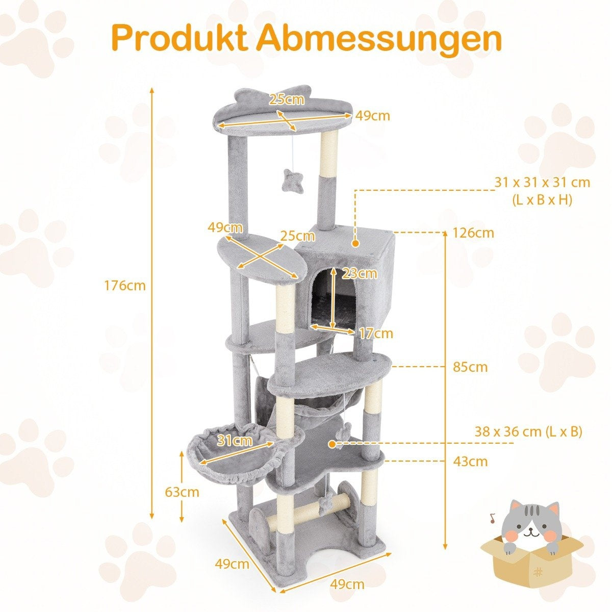 176 cm wooden scratching post with cave & basket bed & hammock & sisal post cat tree