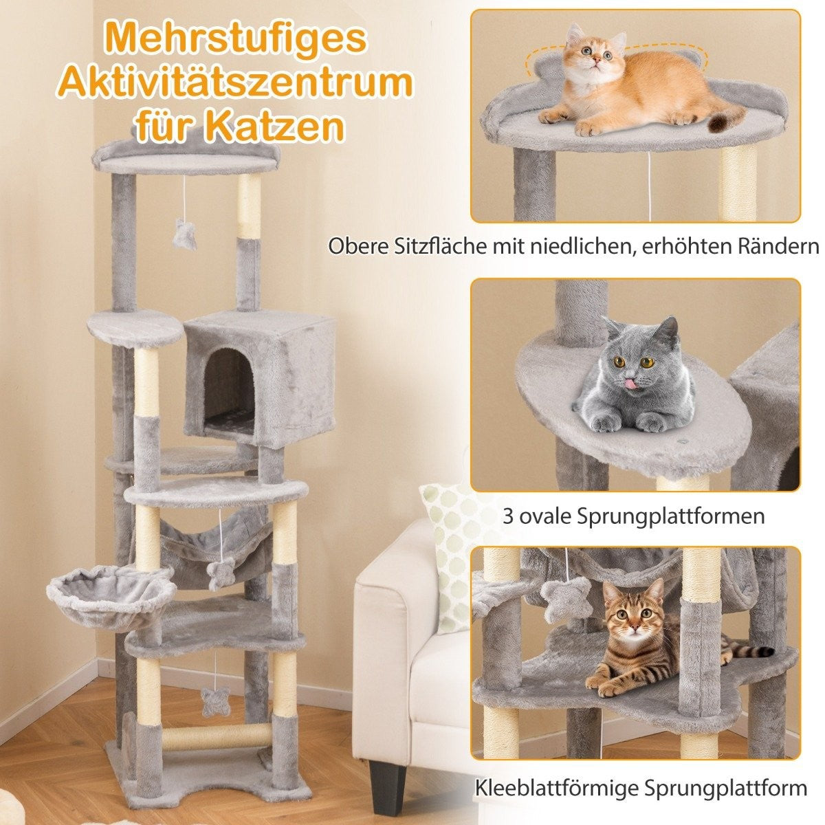 176 cm wooden scratching post with cave & basket bed & hammock & sisal post cat tree