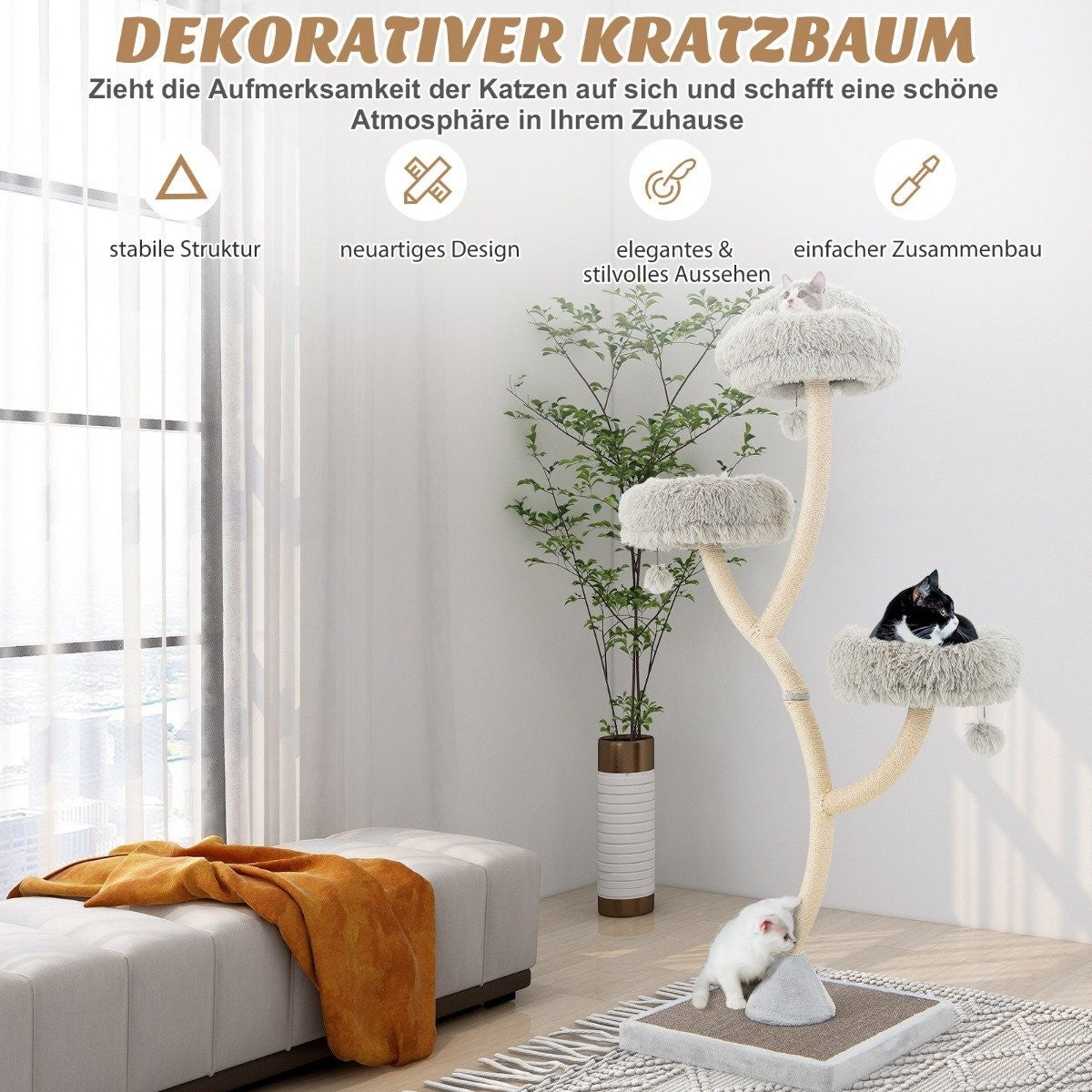 178 cm cat tree with sisal scratching posts & 3 warm lying surfaces & plush balls gray