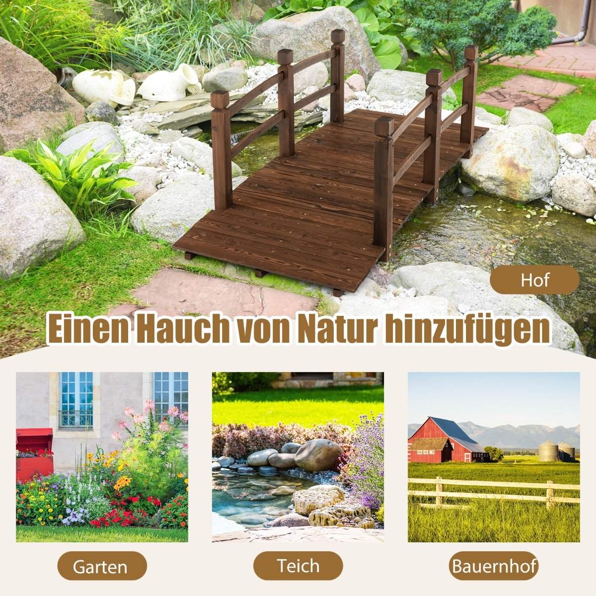 1.7 m long wooden garden bridge, decorative pond bridge with fall protection, 180 kg load capacity