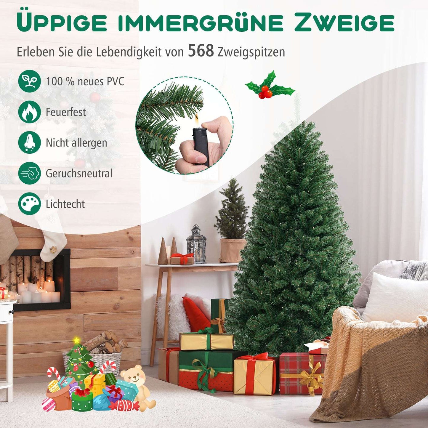 180cm Artificial Christmas Tree, 200 LEDs, 568 Branch Tips