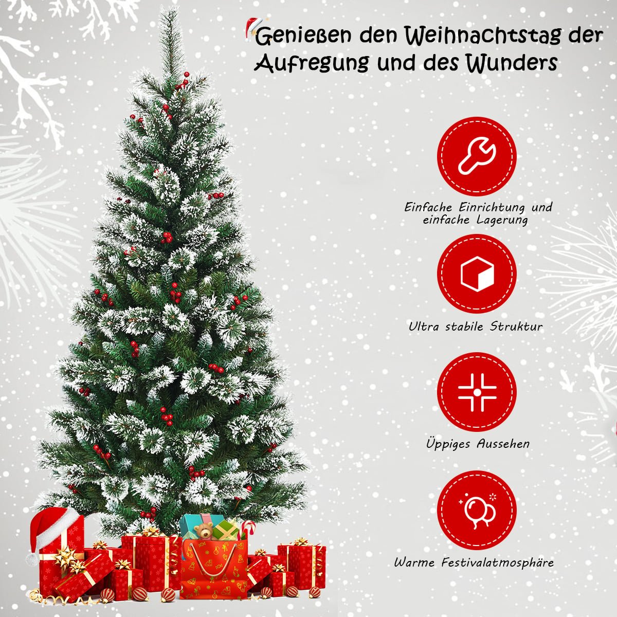 180 cm Artificial Christmas Tree with Snowflakes & Red Berries