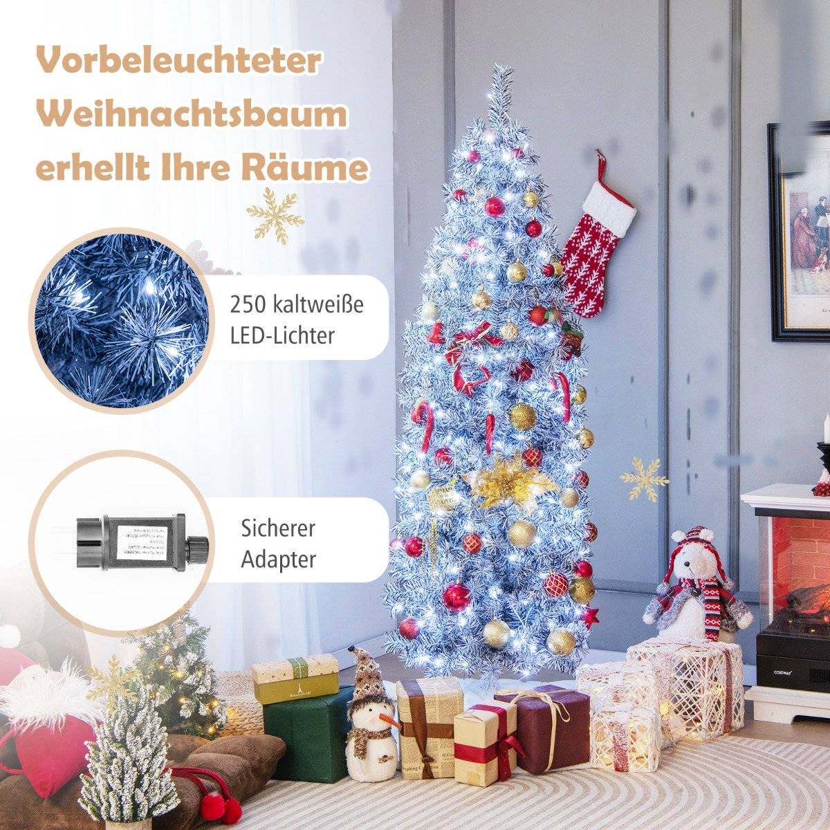 180 cm Artificial Pencil Christmas Tree with 250 Cool White LEDs Slim White + Black