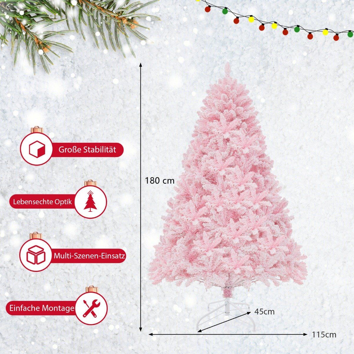 180cm Large Flocked Artificial Christmas Tree with 808 PVC Branch Tips 350 LED Lights and 8 Lighting Modes